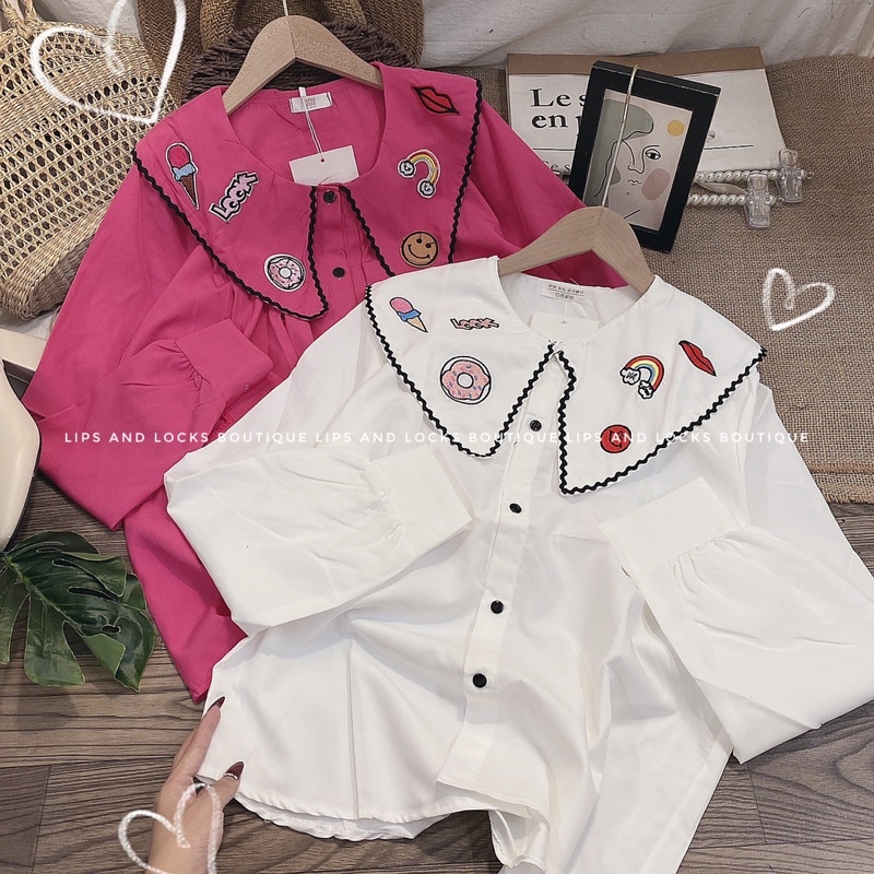 ÁO SƠ MI DÁNG XOÈ CỔ BÈO THÊU STICKER - HÌNH THẬT