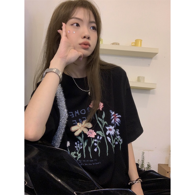 Áo Thun Ngắn Tay Cổ Tròn In Họa Tiết retro Thời Trang Nữ