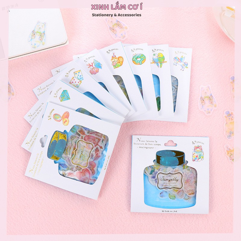 Set 48 Sticker Hoạt Hình Ánh Kính Dùng Trang Trí Sổ Tay Planner, Bộ Miếng Dán Có Nhũ Ghi Chú Cực Xinh