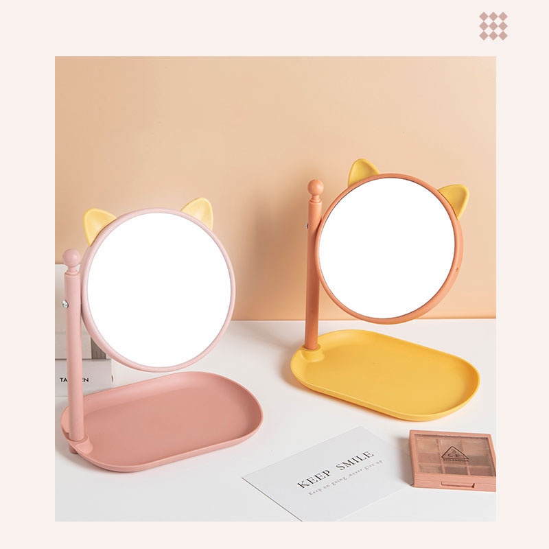Gương trang điểm để bàn tai mèo xoay 360 độ có khay để trang sức đáng yêu
