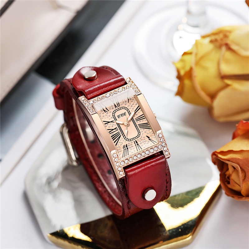 Đồng Hồ Quartz Mặt Chữ Nhật Dây Da Phong Cách Vintage