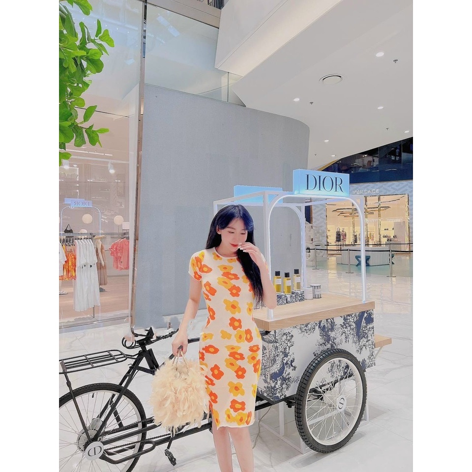 Đầm tay ngắn ôm body in hình bông hoa toàn đầm chất thun gân