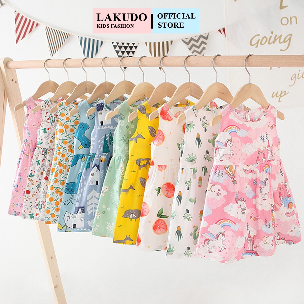 Váy đầm bé gái LAKUDO chất cotton thoáng mát đẹp họa tiết động vật phong cách Hàn Quốc