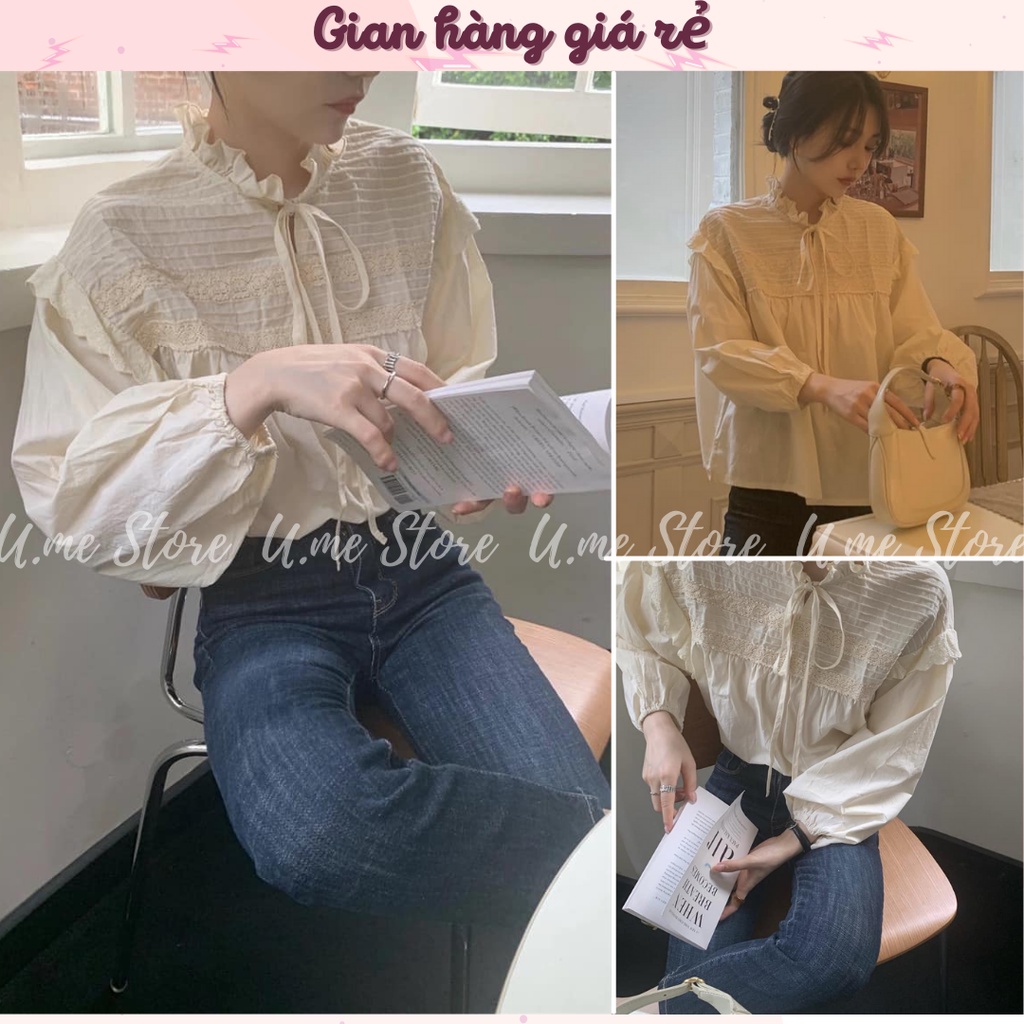 Áo sơ mi Babydoll nữ form rộng cổ thắt nơ quý tộc sang chảnh, tiểu thư 2 màu trắng/be