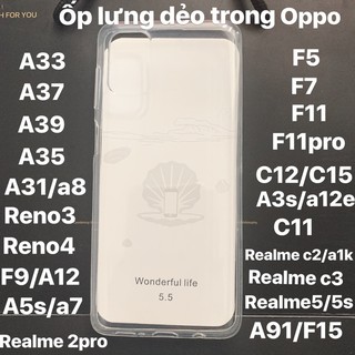 Ốp lưng trong suốt Oppo  f5, f1s, F1 , f7 , f11 , f9 F11pro A5s A1k A31 A52 A72 A92