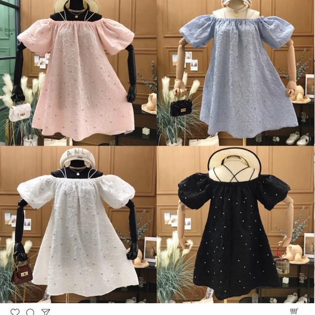 HÀNG ORDER - Đầm babydoll suông tay phồng lệch vai đính đá