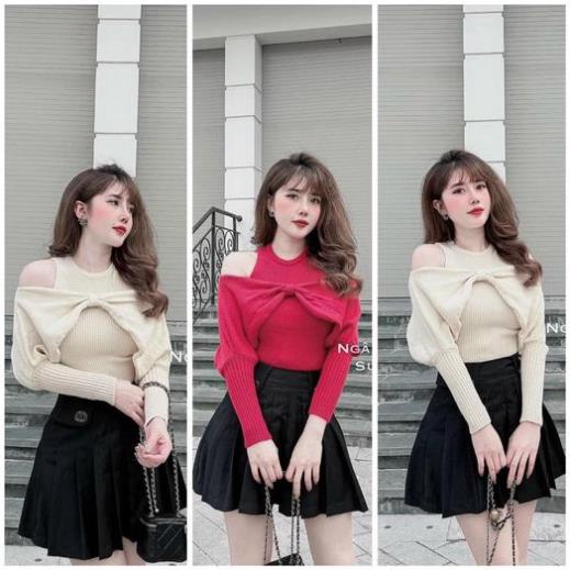 Áo len trễ vai cổ V tay bồng kiểu Hàn Quốc - Áo len kiểu nữ Ulzzang HABII
