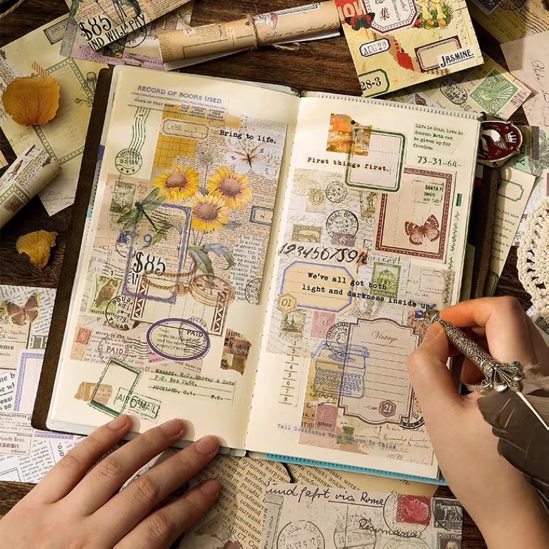 Set Mix 20 Tờ Giấy Nền 7,5x11cm Kraft Hình Khung Hoa Bướm Cây Cối Tem Tag Thư Vintage Decor Sổ BulletJournal