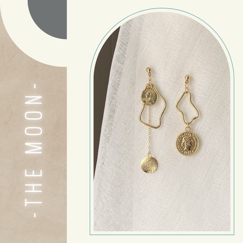 🐾Khuyên lệch mặt đồng xu Retro - THE MOON - Bông tai dây xích mạ vàng 🐾