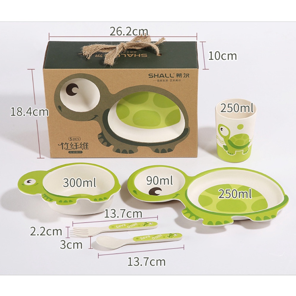 Set 5 món Khay, Bát, Cốc, Thìa, Dĩa ăn dặm hình con rùa hữu cơ tự nhiên SHALL