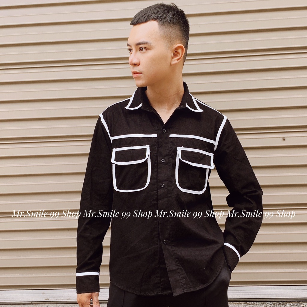 Áo Sơ Mi Nam Tay Dài Phối Viền Đen Hai Túi Unisex, Phong Cách Hàn Quốc, chất dày đẹp, hàng thiết kế Mr Smile 99 Shop