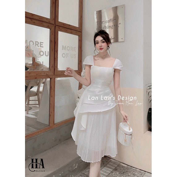 Váy tacffa cổ vuông tay cánh tiên phối chân váy xếp ly siêu xinh