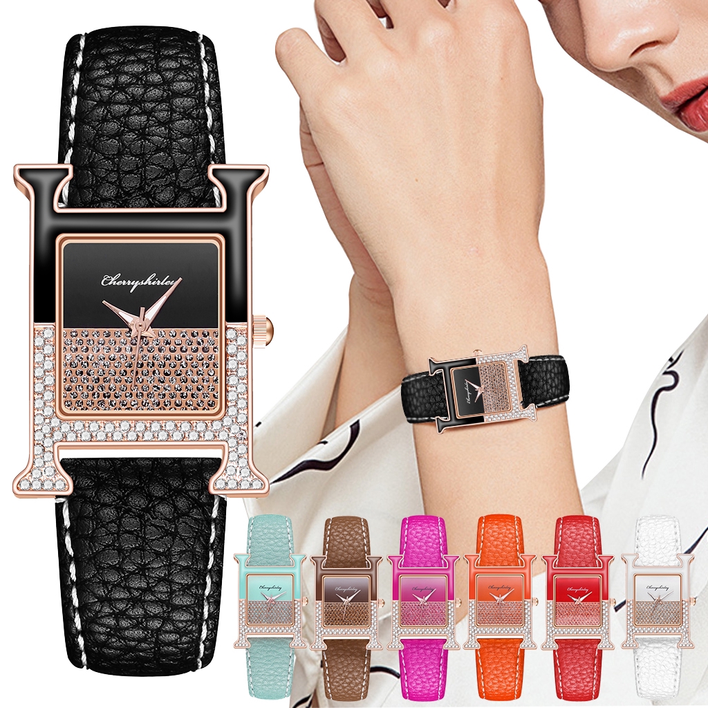 Đồng hồ Nữ dây da mặt vuông đính kim cương giả máy Quartz hợp thời trang sang trọng | BigBuy360 - bigbuy360.vn