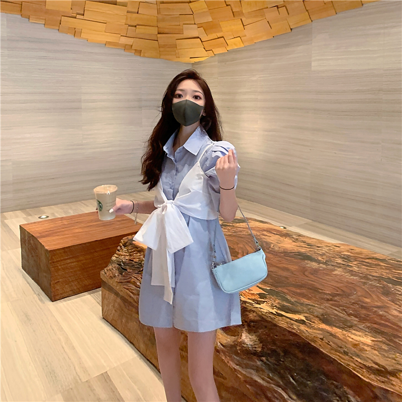 Đầm midi tay ngắn phối áo buộc nơ ngực thời trang | BigBuy360 - bigbuy360.vn