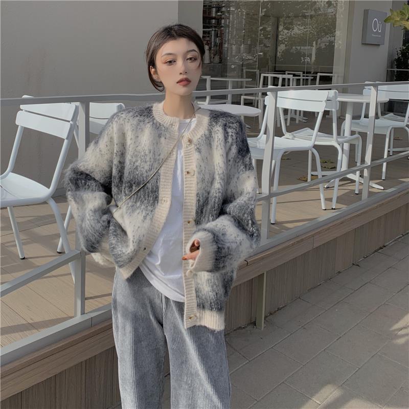 Áo khoác cardigan dáng rộng/Quần ống rộng màu xám phong cách hàn quốc thời trang cho nữ