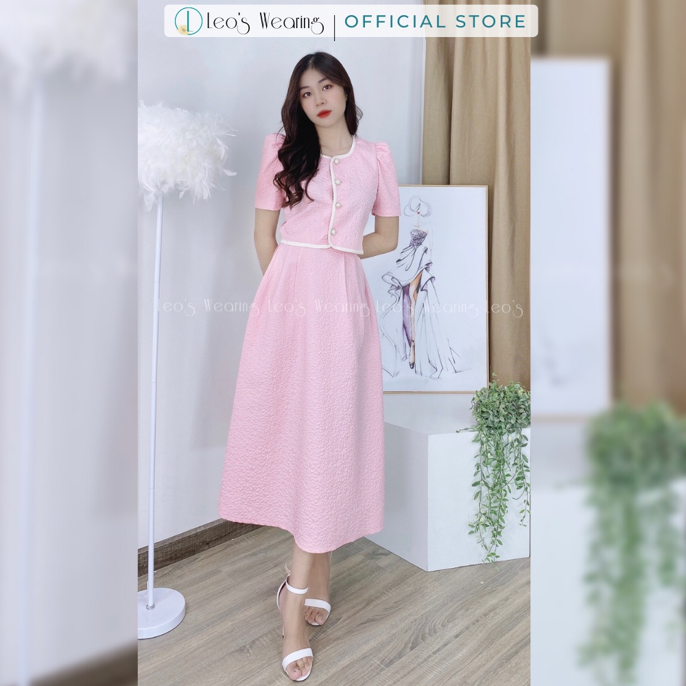 Set chân váy xòe dài cạp cao mix áo sơ mi croptop tay ngắn chất xốp phồng LEOSWEARING L207 L208