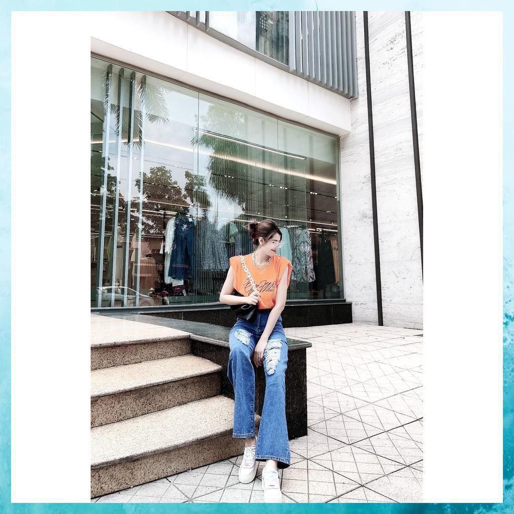 [TH Jeans] Quần bò dài rách dáng suông, quần jeans lưng cao túi chéo 2 khuy. Mã D3160