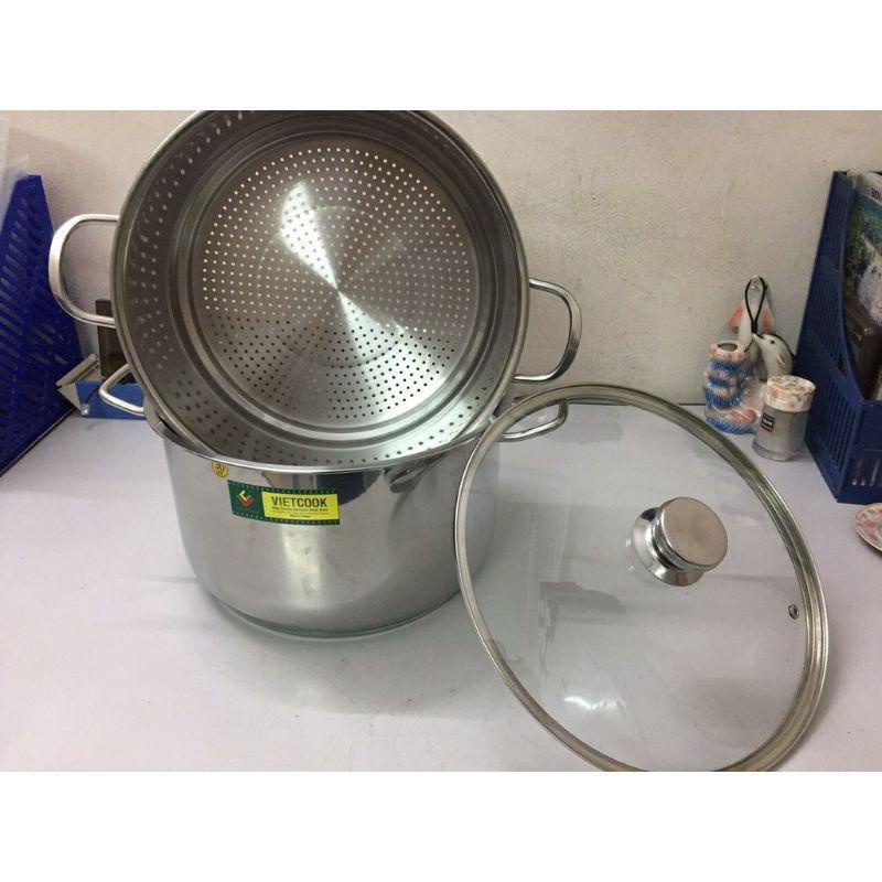 [HÀNG CHÍNH HÃNG]Bộ xửng hấp 3 đáy inox 430 Vietcook nắp kính, dùng được cho bếp từ tặng muống bới xôi(30cm)