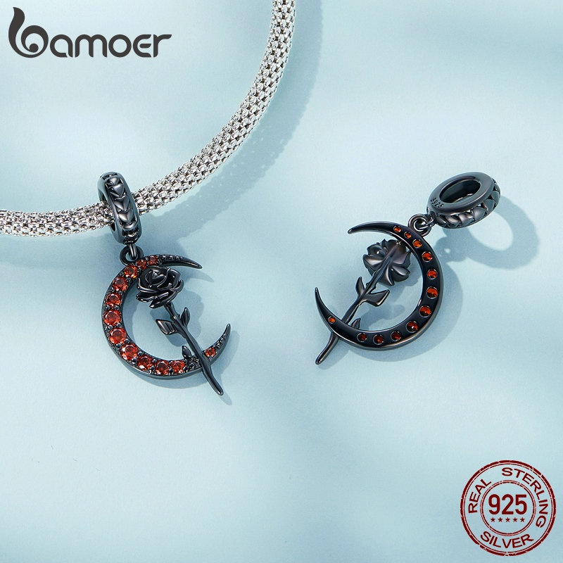 BAMOER Bộ Hạt Xâu Chuỗi Bạc 925 Hình Mặt Trăng Và Hoa Hồng Treo Trang Sức Dịp Halloween