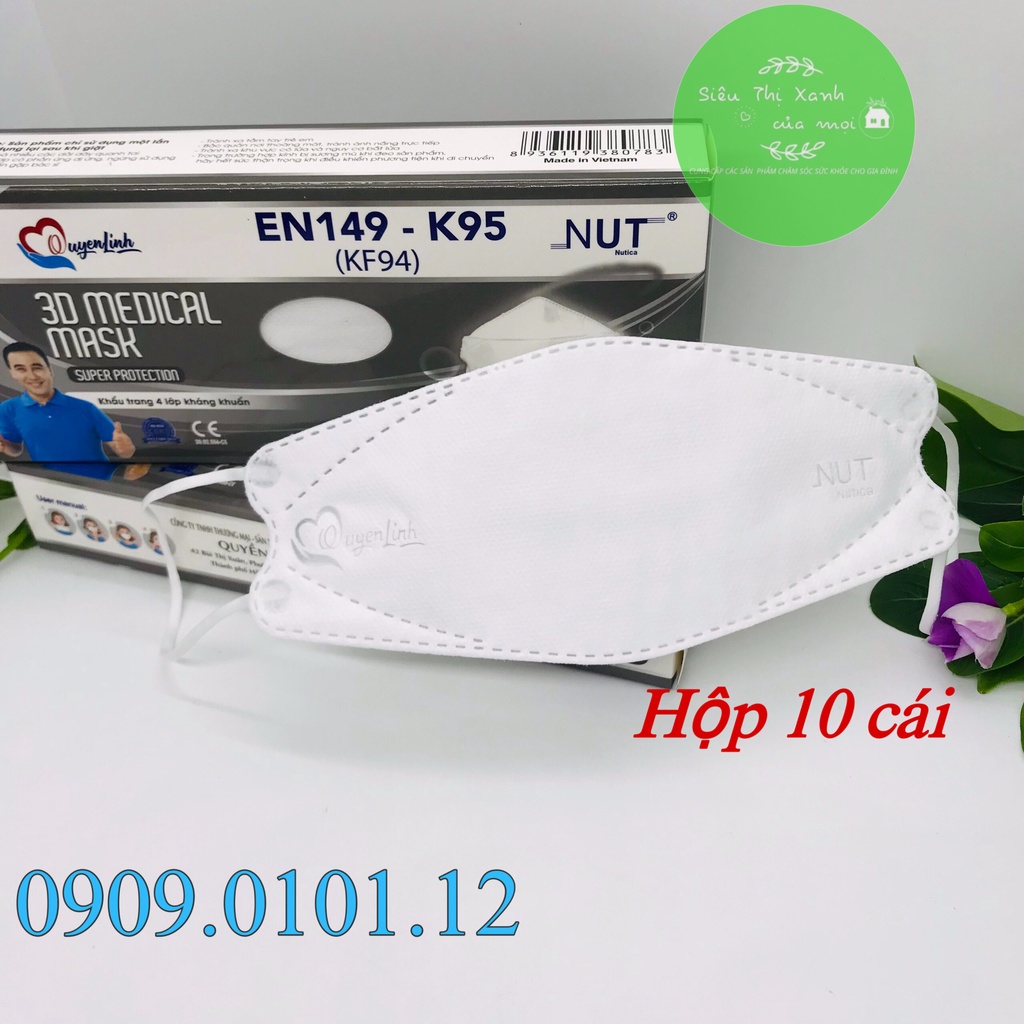 Khẩu trang kf94 Nut Quyền Linh Chi Chính Hãng, 4d mask cao cấp 4 lớp kháng khuẩn nẹp kẽm hộp 10 cái