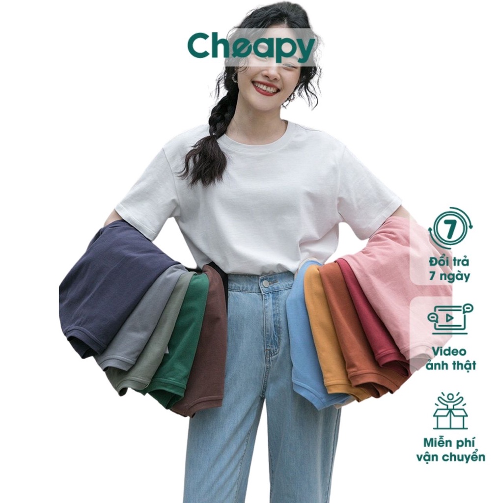 Áo thun nam nữ unisex cotton khô trơn tay lỡ cổ tròn cotton nhiều màu phom rộng oversize local brand Cheapy kèm ảnh thật