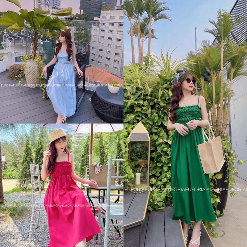 HOT🔥  Đầm Maxi Hai Dây Dáng Xoè Có Chun Ngực Kết Hợp Dây Đan Nơ Phía Sau Rất Thích Hợp Đi Biển