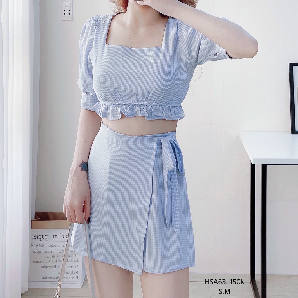 Set áo crop bèo lai quần váy chữ A vải dày dặn 2 lớp phong cách thời trang Hàn Quốc CHIBEST HSA63