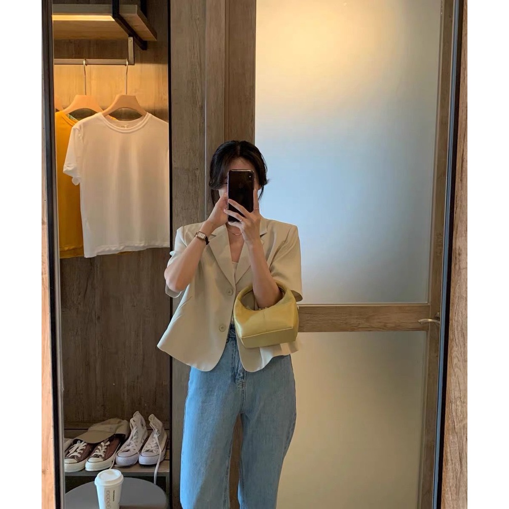 Áo Khoác Vest Tay Ngắn Màu Sắc Trơn Phong Cách retro Hàn Quốc