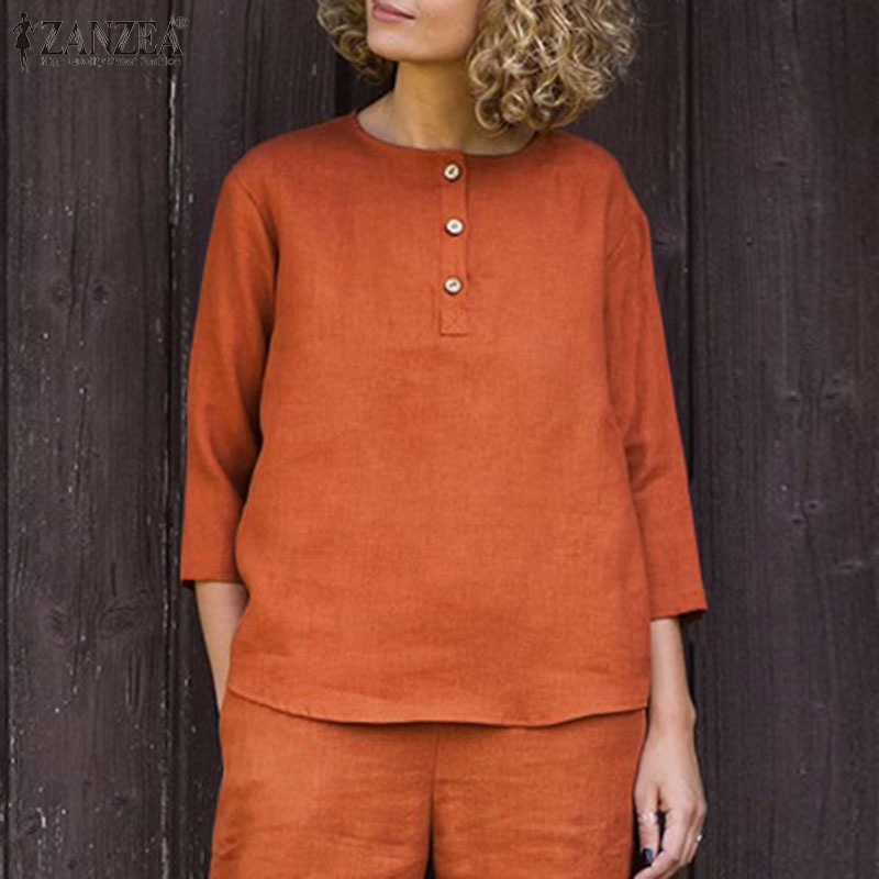 ZANZEA Áo Sơ Mi Nữ Tay 3 / 4 Vải Cotton Màu Trơn Thời Trang