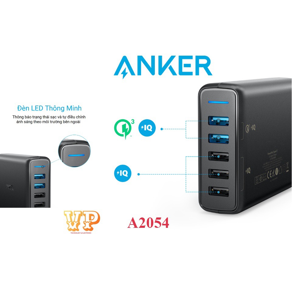 SẠC ANKER 5 CỔNG 63W/A2054 / 2 CỔNG SẠC QUICK CHARGE 3.0