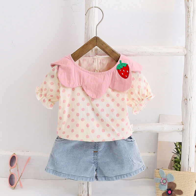 Không-5 Cái thẻ nữ trang phục trang phục thời trang yêu vải sợi dâu tây In sơ mi quần áo ngắn quần áo quần jeans | BigBuy360 - bigbuy360.vn