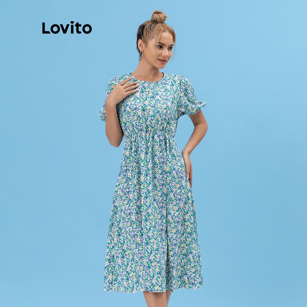  Đầm Lovito in hoa tay phồng L06052 (màu xanh dương) | BigBuy360 - bigbuy360.vn