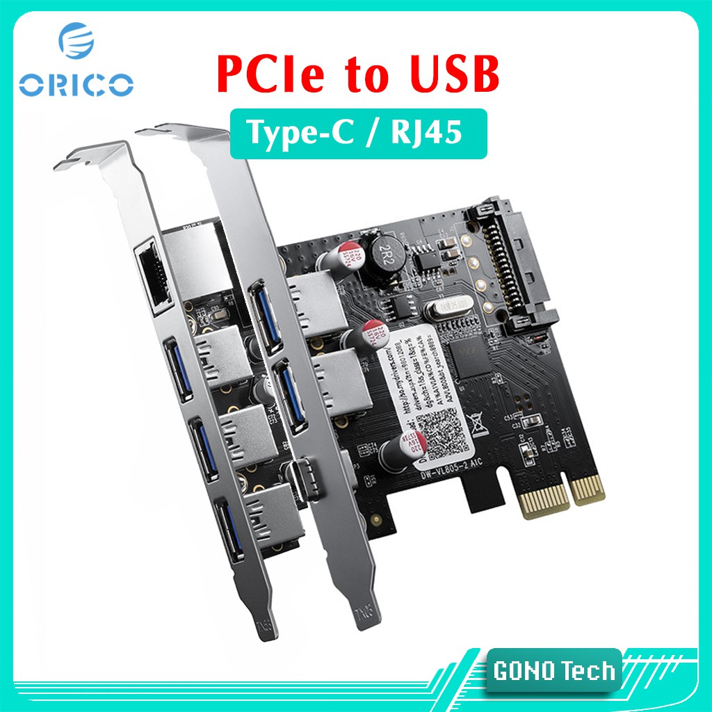 Thẻ mở rộng USB Orico PNU-2A1C 3A1R Chuyển PCIe X1 to USB-A 3.0 và Type-C / RJ45 Mạng LAN | Adapter PCI-Express Card