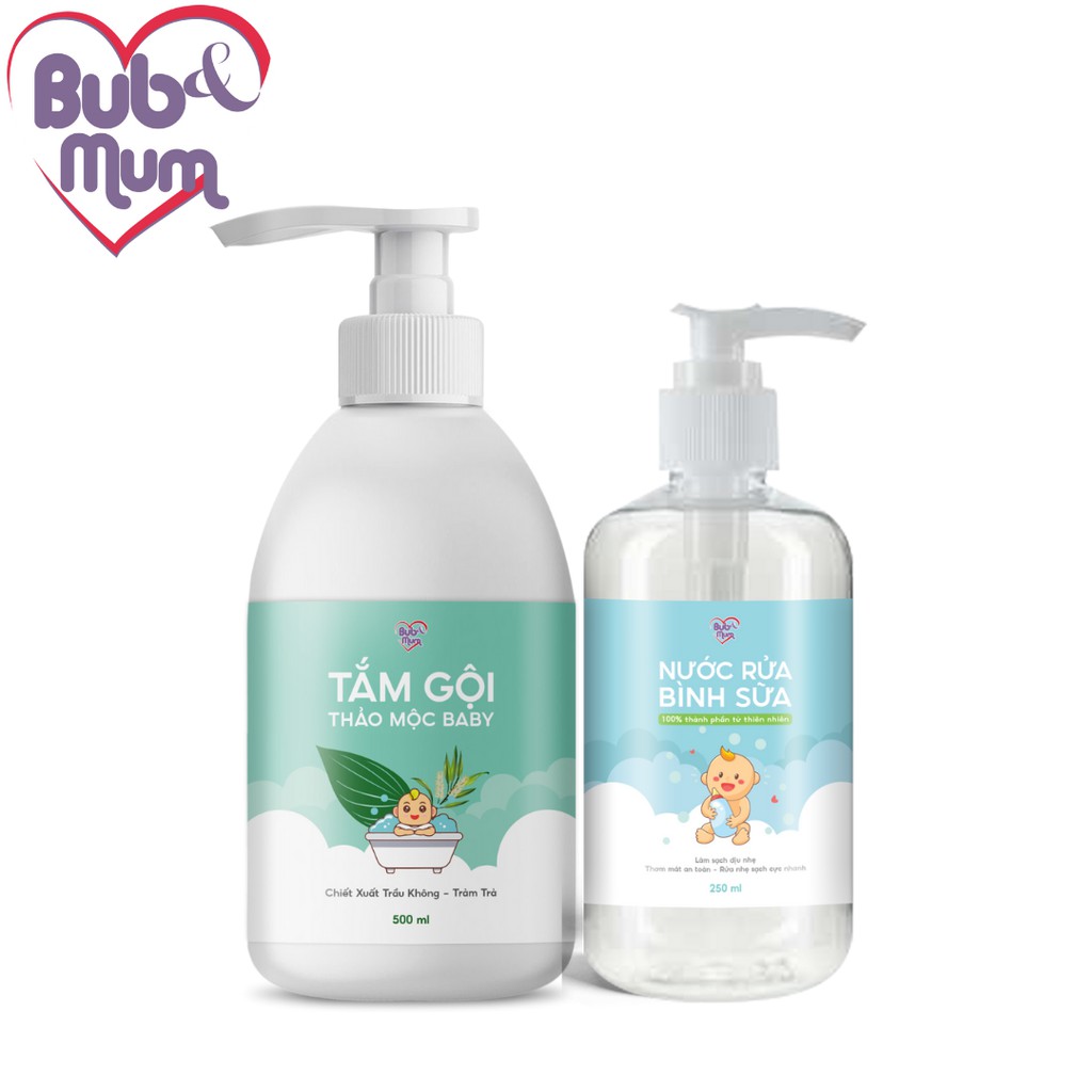 Combo Sữa tắm gội cho bé chiết xuất Trầu không-Tràm trà 500ml và Nước rửa bình sữa 250ml BuB&amp;MuM