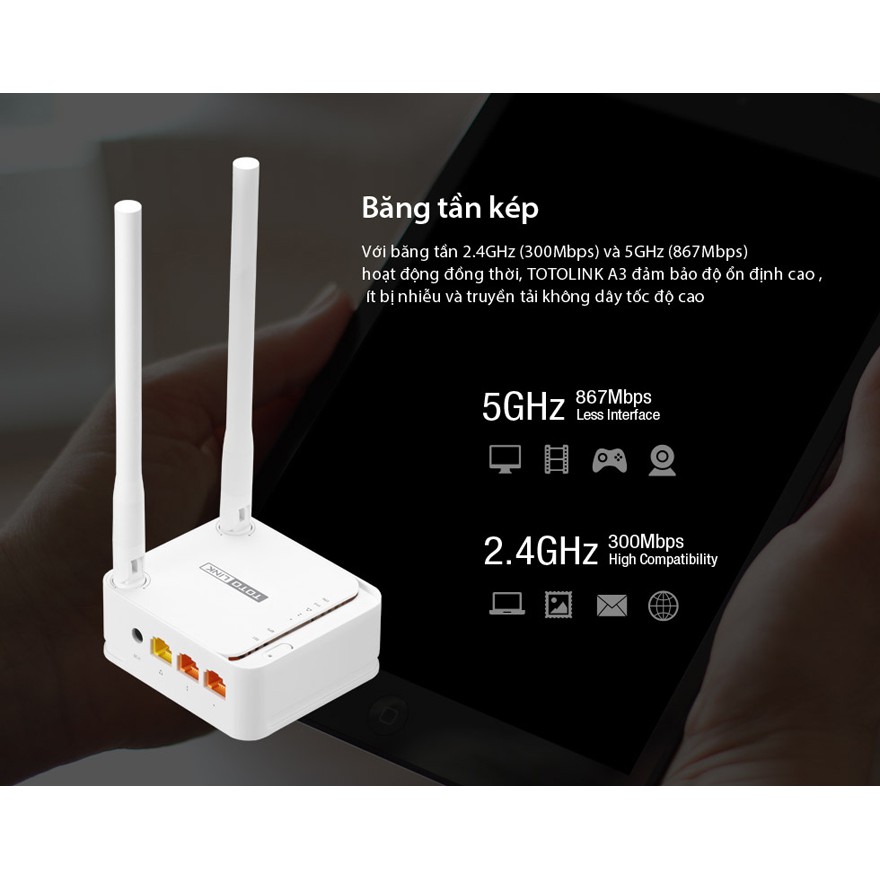 TOTOLINK  A3 Mini Router Wi-Fi băng tần kép chuẩn AC 1200Mbps Cục phát wifi Hãng phân phối chính thức