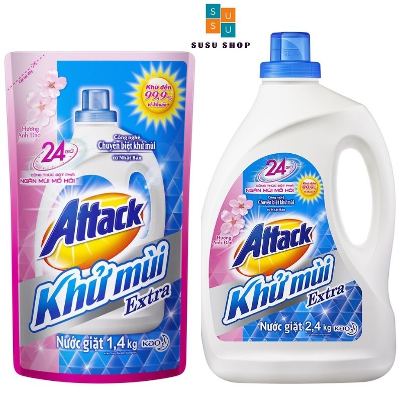 Nước giặt Attack Khử Mùi Extra hương hoa anh đào dạng túi 1,4kg và chai 2,4kg