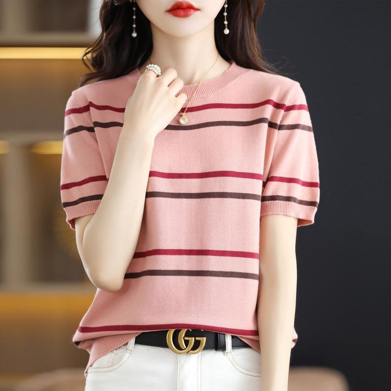 Áo Thun Tay Ngắn Cổ Tròn Dáng Rộng Họa Tiết Kẻ Sọc Thiết Kế Mới Năng Động Thời Trang Dành Cho Mùa Hè
