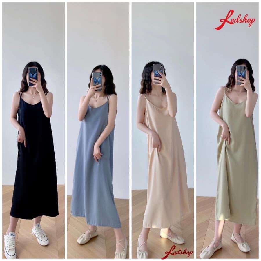 Váy maxi lụa satin camy 4 dây chéo lưng vải đũi mềm cao cấp