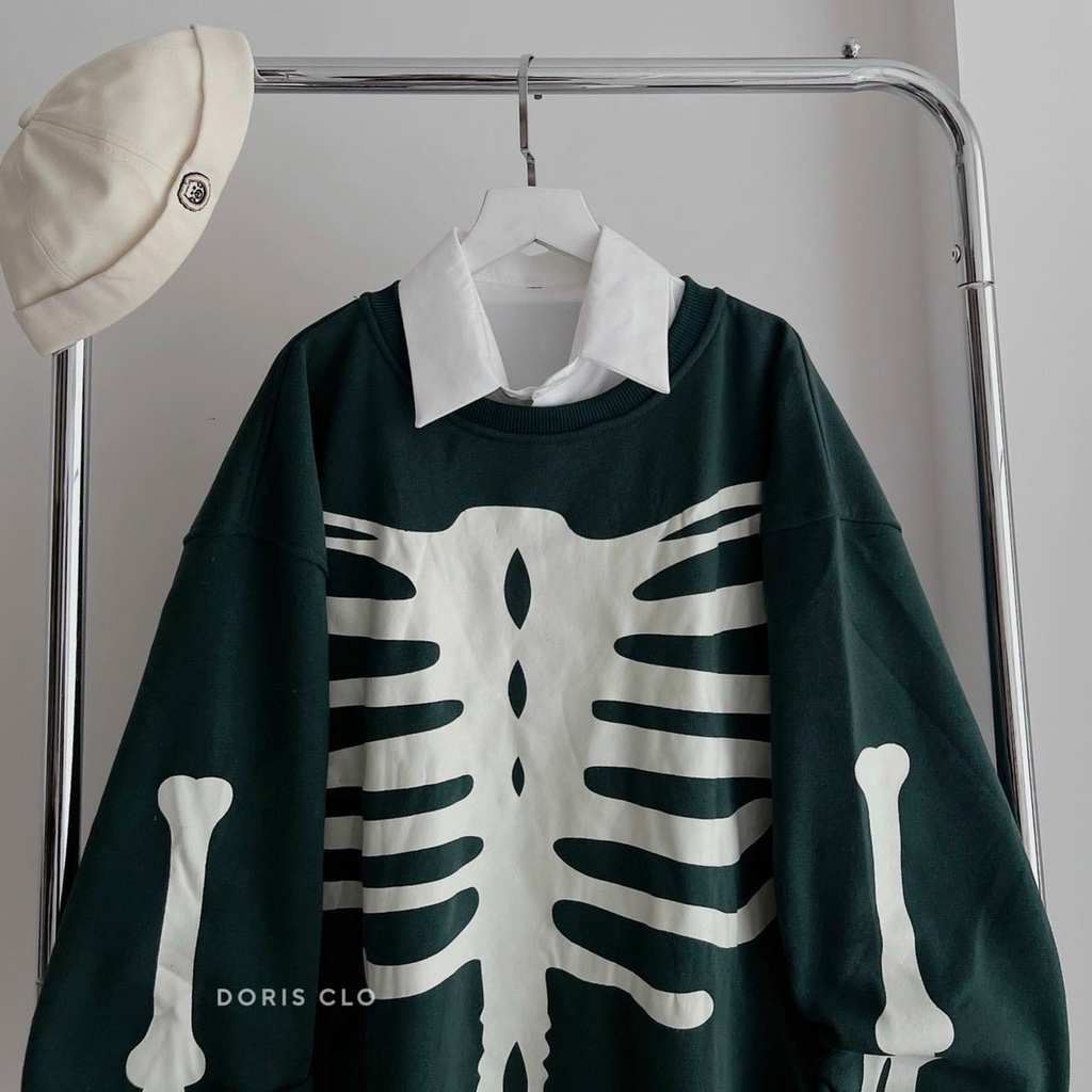 Áo Sweater Hàn Quốc Hình Bộ Xương Nam Nữ Kiểu Hoodie Thun Tay Dài Unisex Vintage - Chống Nắng Và Lạnh Thu Đông