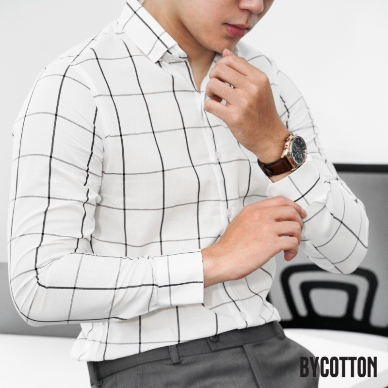 Áo Sơ Mi Dài Tay Phối Sọc BYCOTTON White Caro Oxford Shirt