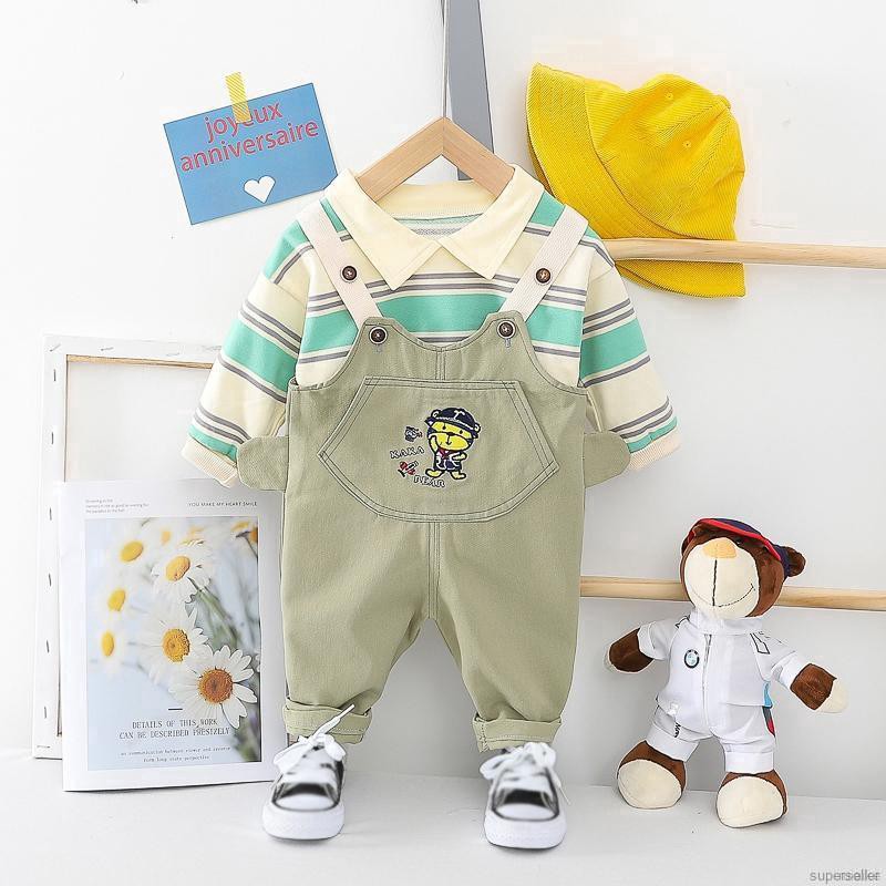 🍭 ruiaike 🍭 Kids Boys Cartoon Little Tiger Two-piece Set Striped Shirts + Overalls Strap Suspender Pants 1-4 Years Old