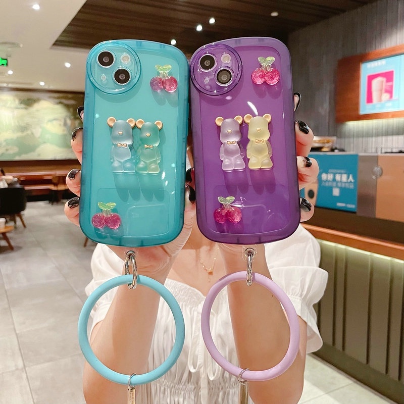Casing Realme 11 C30 C35 C21Y C25Y 9i C17 7I C11 C15 5 5s 5i 7i 2 Pro U1 C17 C21Y C25Y Narzo 50A C1 2020 Prime Cute Cartoon Crystal Cherry Bear Round Edge Airbag Shockproof Lens Protection Candy Colors Tpu Clear Phone Case Cover NKS 05