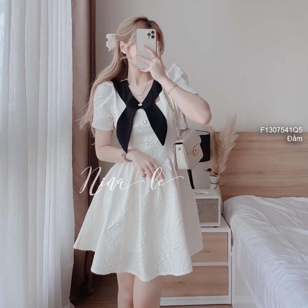Đầm xòe xốp cổ phối nơ đen cách điệu tay con hàng QC!