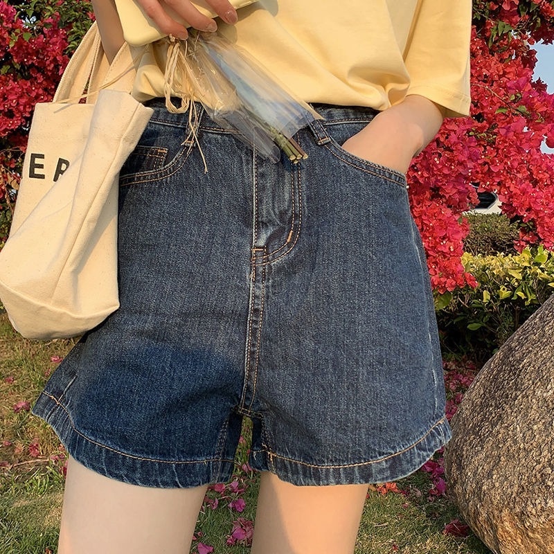 Quần Short Denim Lưng Cao Ống Rộng Phong Cách Retro Thời Trang Mùa Hè Cho Nữ