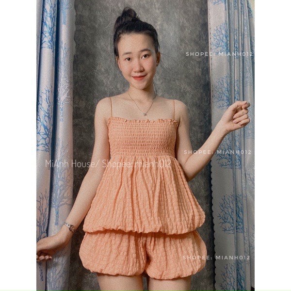 sét bộ đùi xốp phồng bí phối áo kiểu nhúm 2 dây bún hot