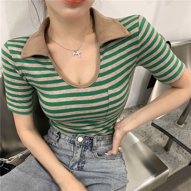 Áo Thun Tay Ngắn Cổ Chữ u Họa Tiết Kẻ Sọc Thời Trang Cho Nữ