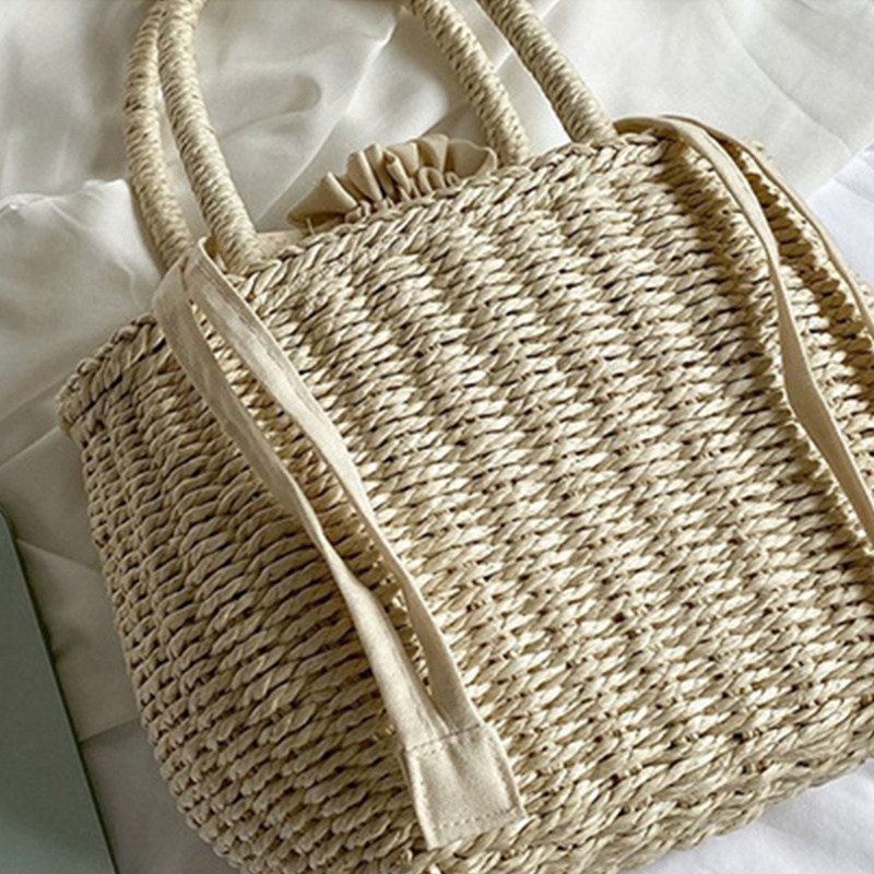 Túi Xách Đan Mây Màu Trơn Có Dây Rút Phong Cách Vintage Dành Cho Nữ