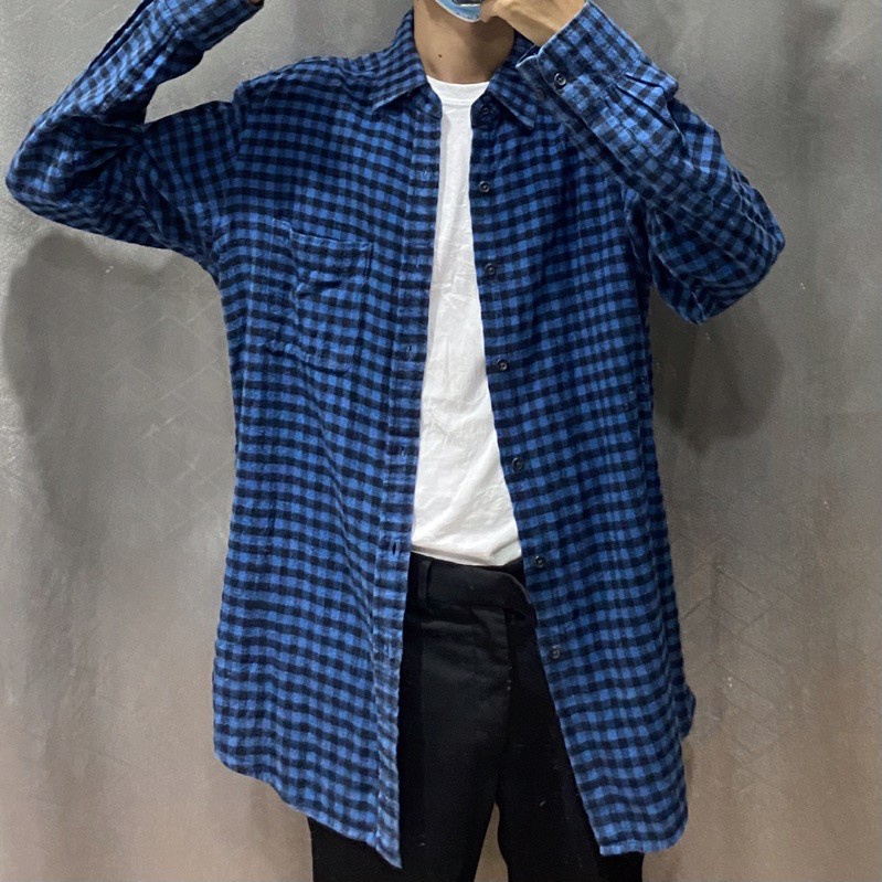 2HAND - ÁO SƠ MI FLANNEL KẺ CARO MÀU XANH ĐEN SIZE XL