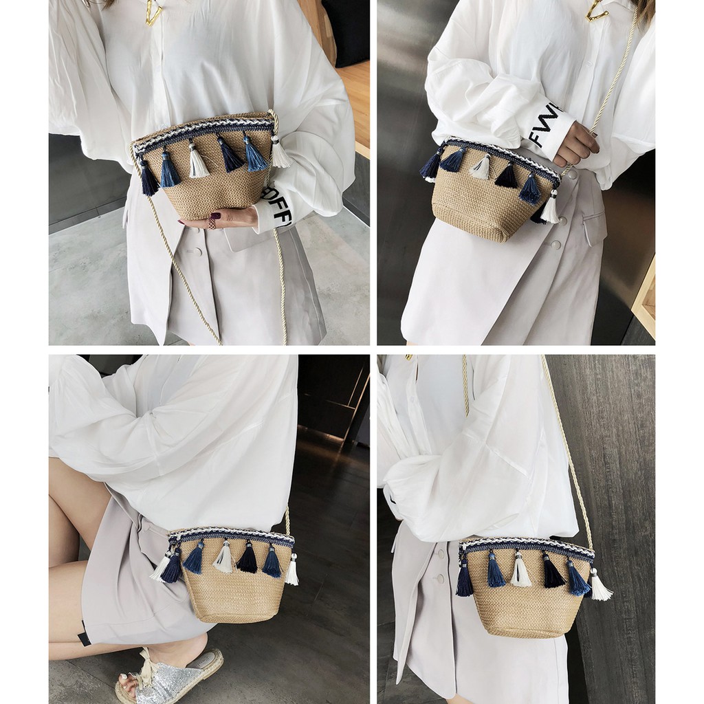 [Mã FAMAYWA2 giảm 10k đơn từ 50k] Túi Cói Thổ Cẩm Phối Viền Tua Rua | BigBuy360 - bigbuy360.vn