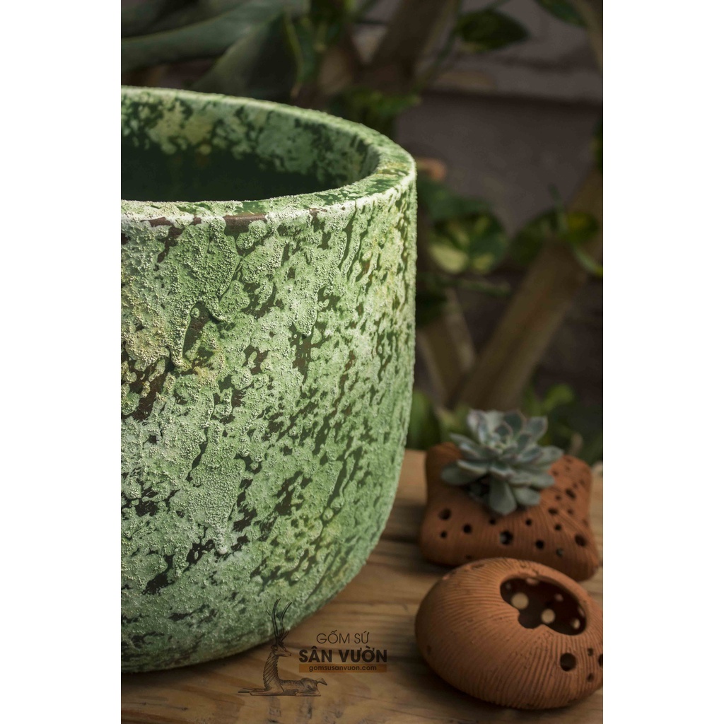 Chậu trồng cây gốm đất nung  DÁNG NỒI SƠN WAX MÀU XANH NHÁM D31xH26cm - gốm sứ sân vườn Bình Dương chất lượng cao